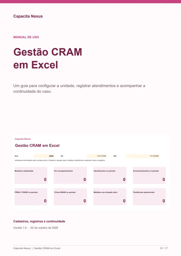 Capa original do Manual de Uso — Gestão CRAM em Excel, Capacita Nexus, versão 1.0.