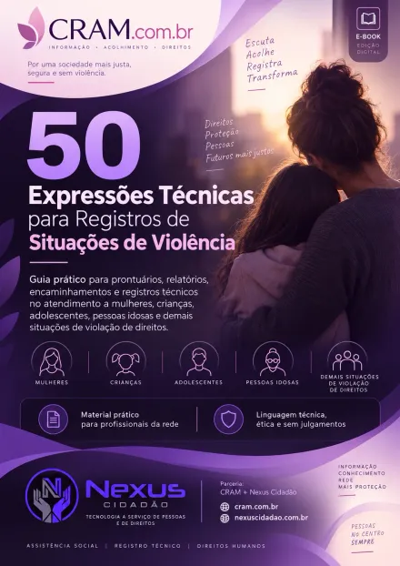 Capa do e-book 50 Expressões Técnicas para Registros de Situações de Violência, uma parceria CRAM e Nexus Cidadão.