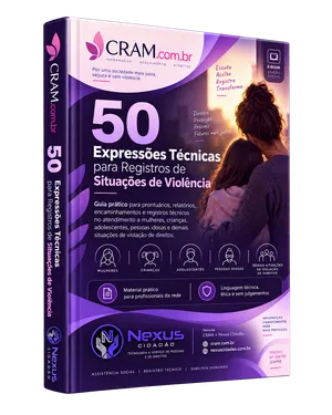 Mockup do e-book 50 Expressões Técnicas para Registros de Situações de Violência, com as marcas CRAM e Nexus Cidadão.