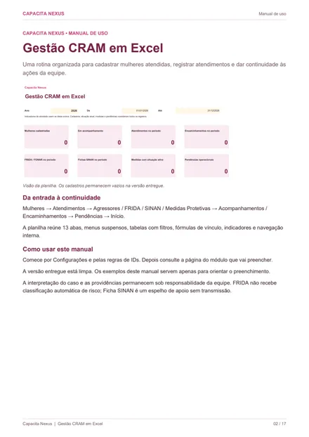 Página real do manual com a visão da planilha Gestão CRAM em Excel, entregue com cadastros vazios.